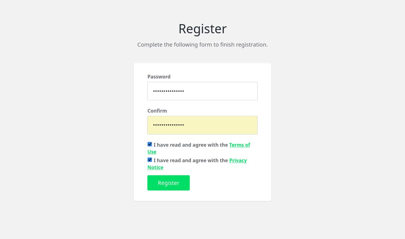 The &ldquo;Register&rdquo; form after redirect