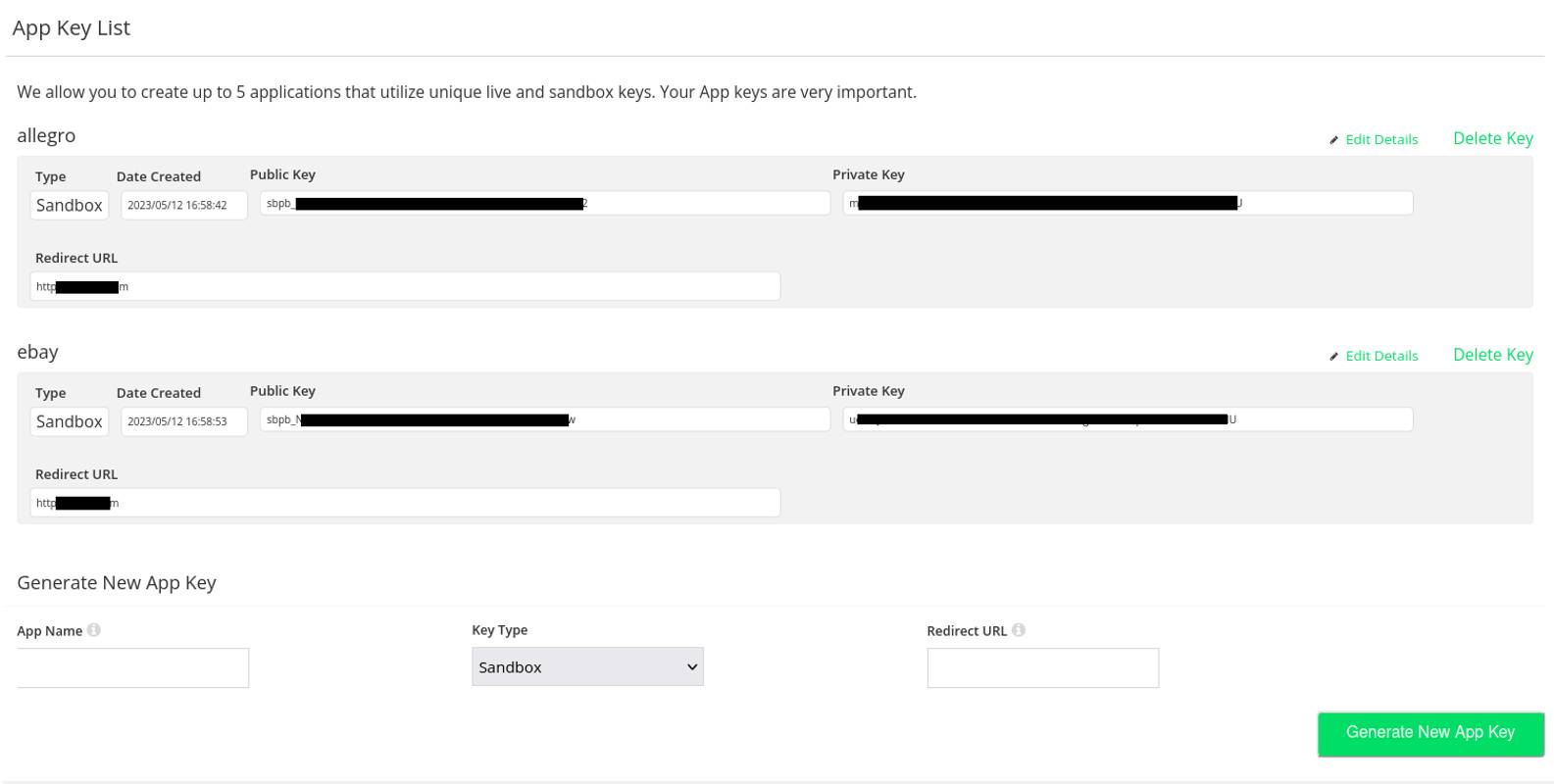 The &ldquo;App Key List&rdquo; with 2 sample App Keys