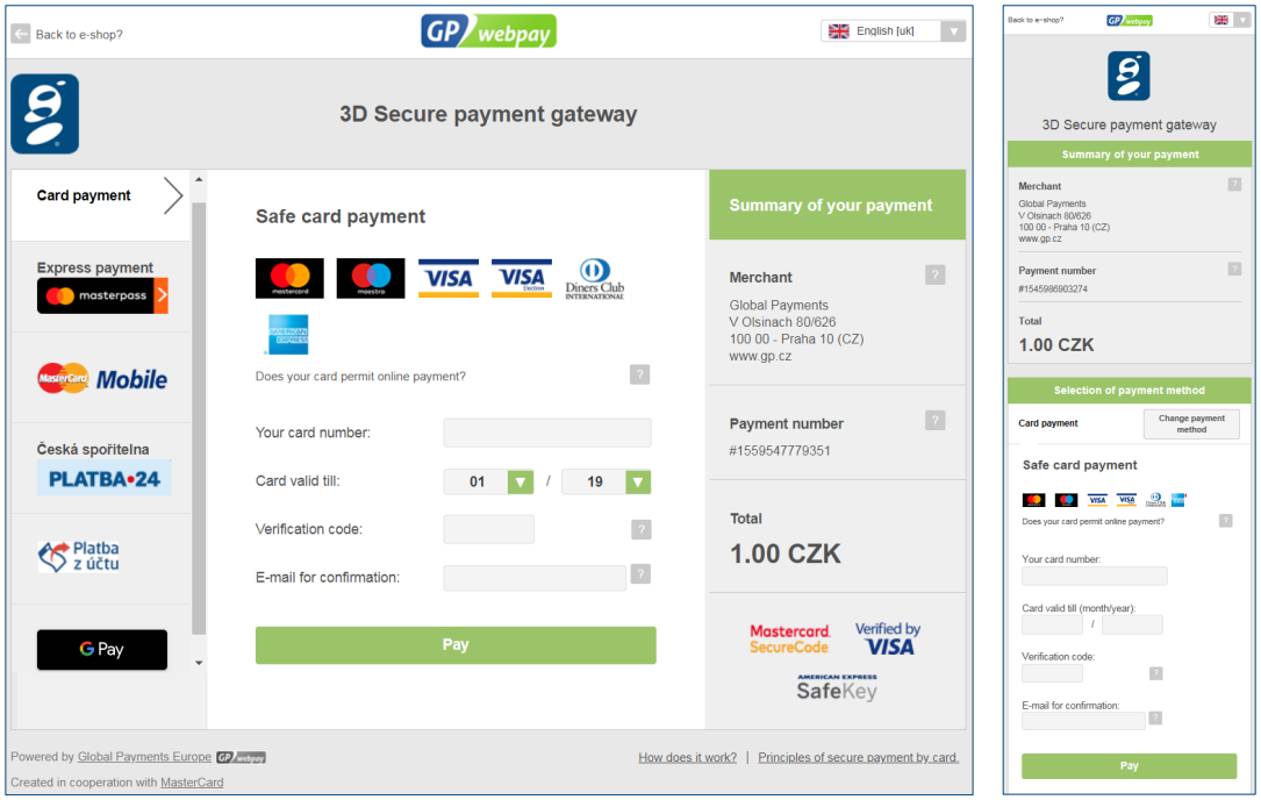 Display of payment page on a standard PC (desktop) and on mobile device for a GPE merchant