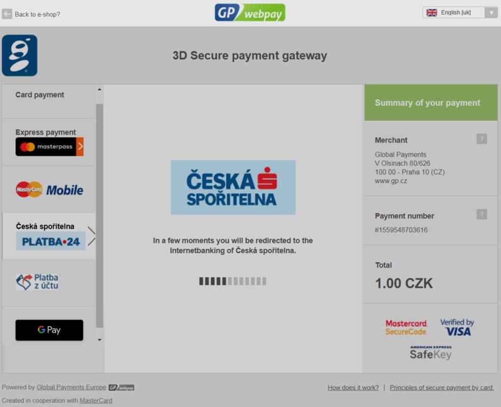 Redirecting of the customer’s browser to the Česká spořitelna internet banking