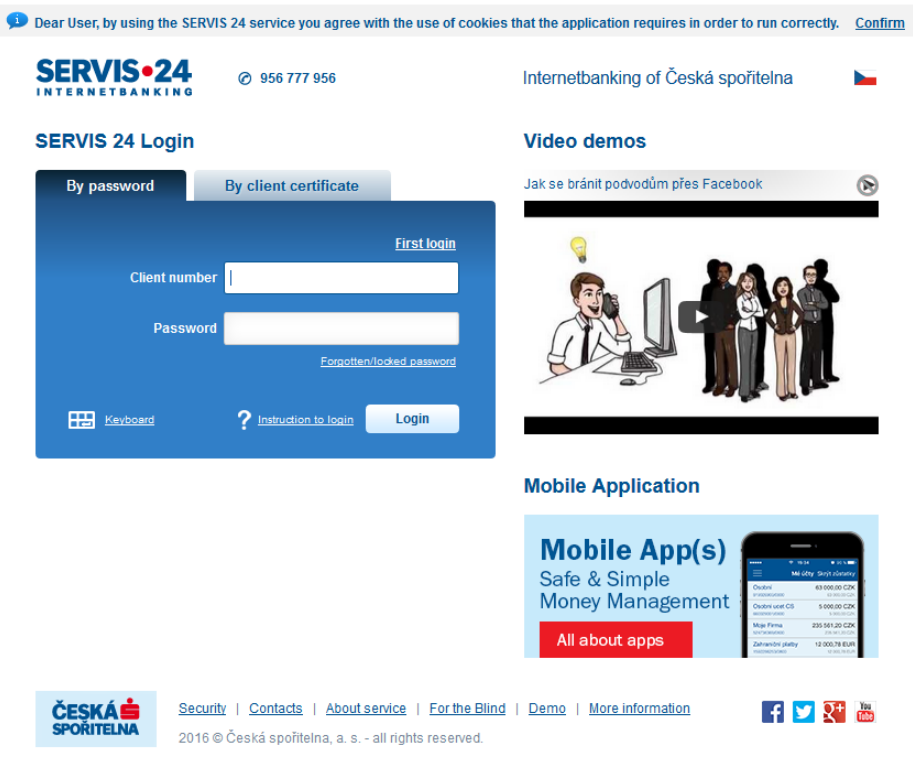 Login page of the SERVIS 24 internet banking provided by Česká spořitelna