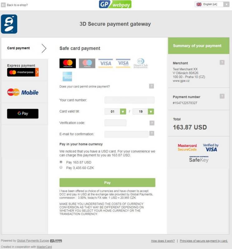 Payment page display with DCC option