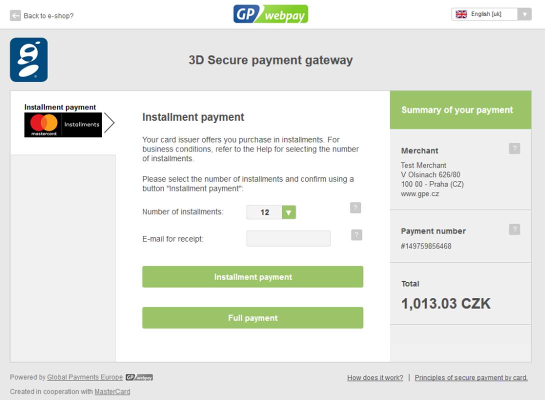 Payment page with installment payment option